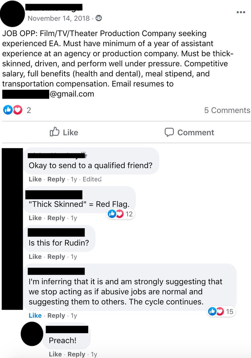 Responses to Scott Rudin job postings. One in which the company name is kept from the FB group because his reputation is enough to keep people away.