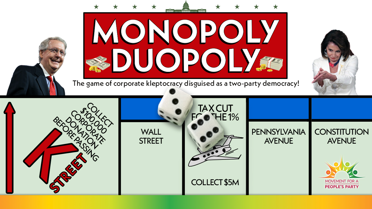 PeoplesParty_US's tweet image. If you don't know already, the game of corporate kleptocracy is disguised as a two-party democracy. Dump the #OnePartySystem and join the People now! bit.ly/2ANVDVh  #July11 #PeoplesDemands