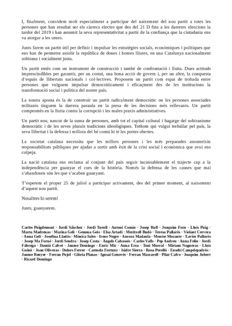 Ens comprometem a fer de Junts per Catalunya una eina transversal, plural i eficaç al servei de la república  catalana i de les persones .  T’esperem el 25 per començar a caminar junts.  #Jotambéhiseré