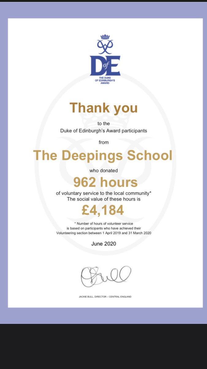Deepings_School's tweet photo. Our Duke of Edinburgh’s Award participants have amassed an incredible 962 hours of volunteering since 1 April 2019. This will have had a huge impact on our local communities. We are very proud of you all! A big thank you to Mrs Williams for her support #Dare2Excel https://t.co/ARvZy5sTsf