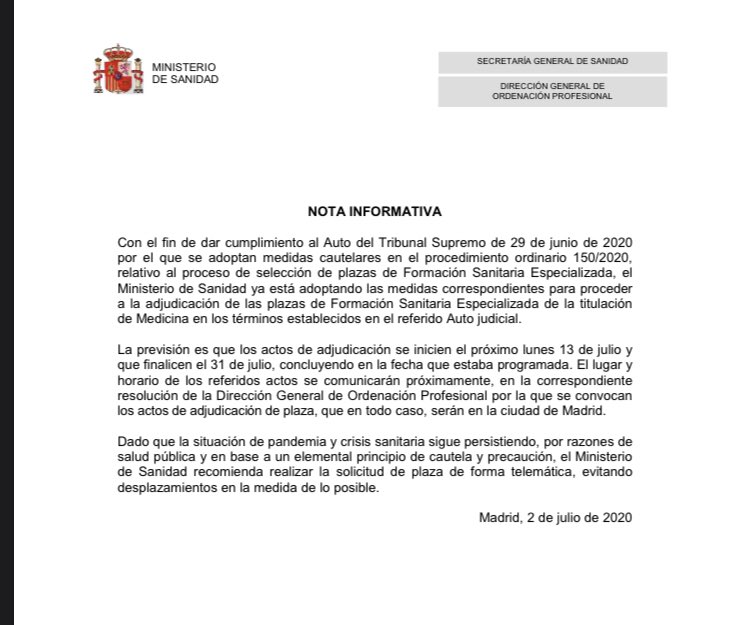 Los MIR lo han conseguido.

Tras la resolución del Tribunal Supremo contra la desastrosa gestión de <a href="/sanidadgob/">Ministerio de Sanidad</a>, <a href="/Rogufe/">Rodrigo Gutiérrez Fernández</a> y compañía parece que su pesadilla está cerca del fin.

Posibilidad de elección presencial y telemática y no más retrasos en la incorporación.

Felicidades: