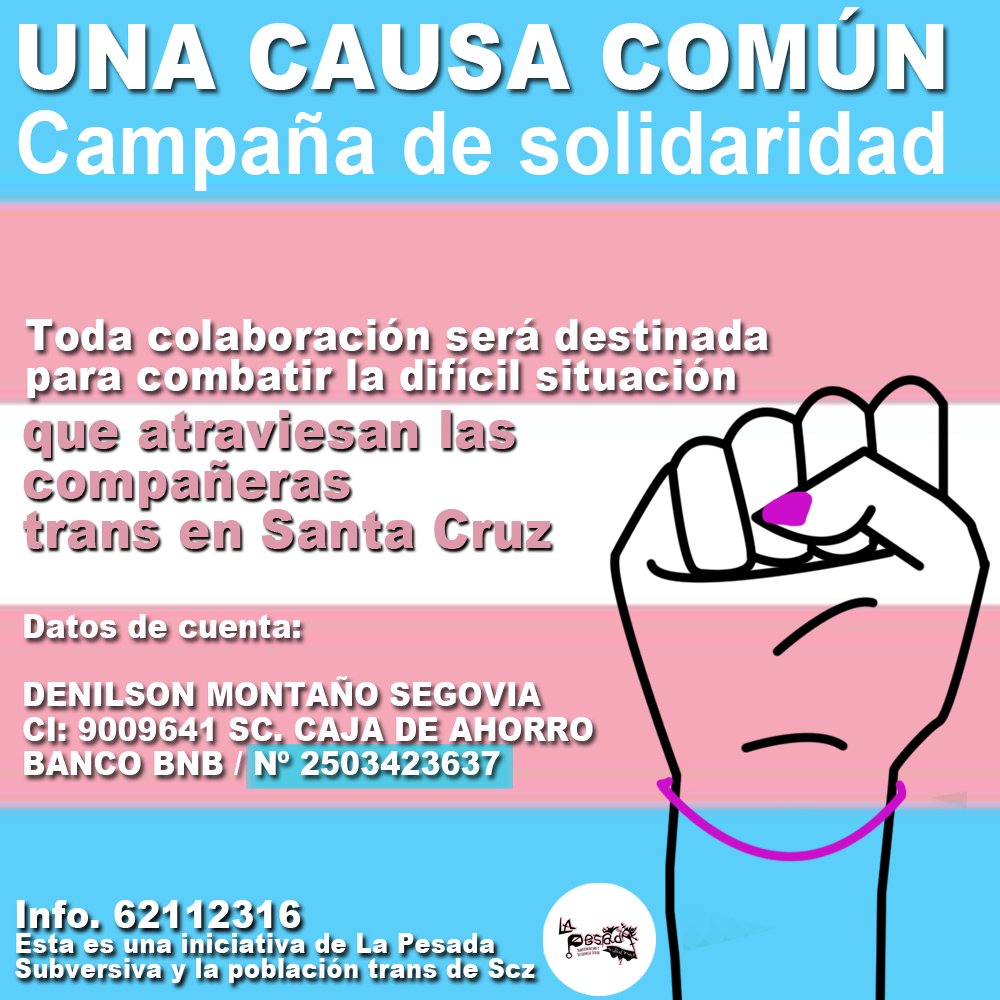 Eguez_chris's tweet photo. #URGENTE / Amigas, hemos empezado una campaña de recolección de fondos para nuestras compañeras trans, la cuarentena las ha golpeado duramente, sobre todo a las que ejercían el trabajo sexual y las privadas de libertad. Si pueden colaborar en algo, ha llegado el momento ❤️ https://t.co/TQtSDF1HpY