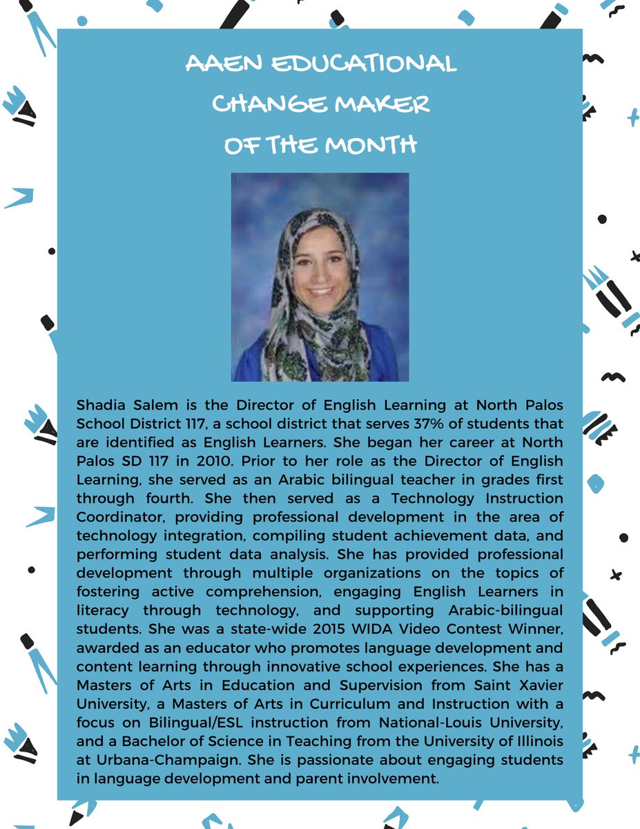 EducatorsArab's tweet photo. We will be honoring an AAEN Educational Change Maker monthly through our organization.  This month it is @ShadSalem Director of English Learning at North Palos School District 117!  Join us in celebrating Shadia's successes and learning from her! #yallateach #Ellchat_BkClub https://t.co/DMeV3ESsfT