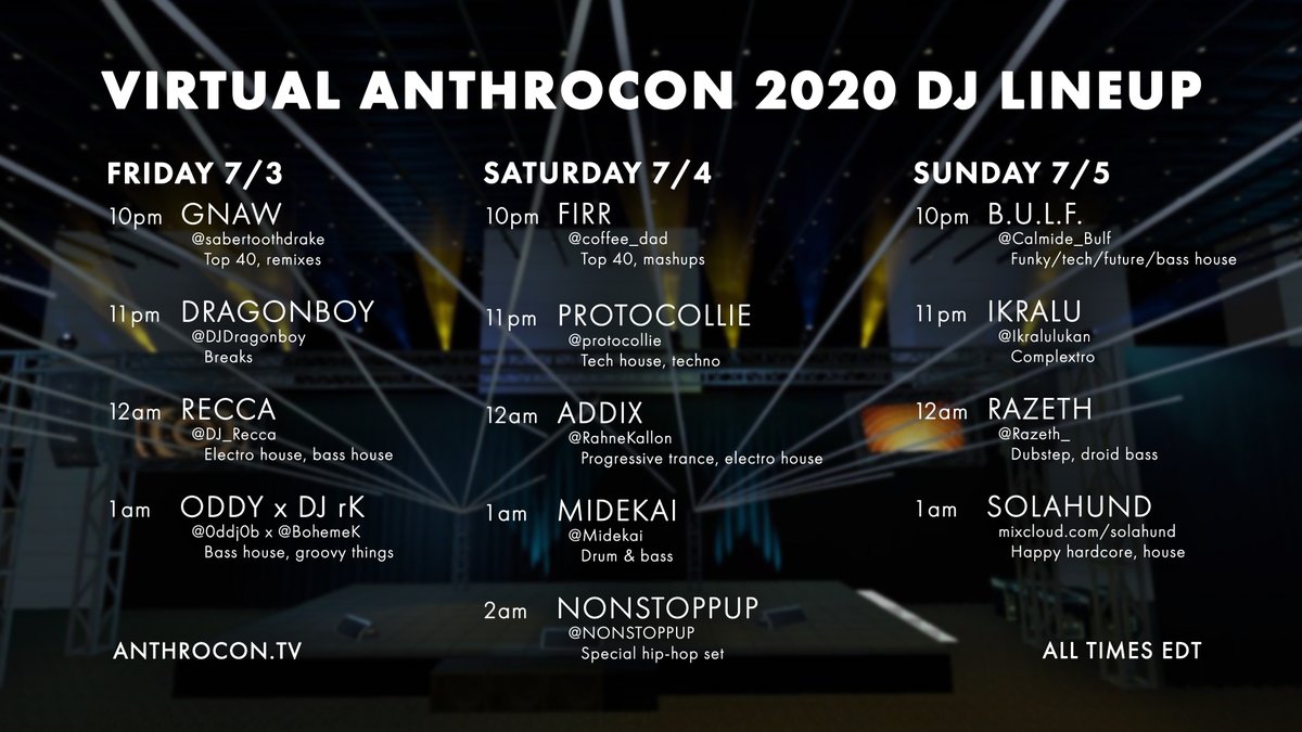 AnthroconDances's tweet photo. We're excited to announce the virtual @anthrocon dances lineup. It all starts tomorrow. #VirtualAnthrocon https://t.co/pqePjsbgUT
