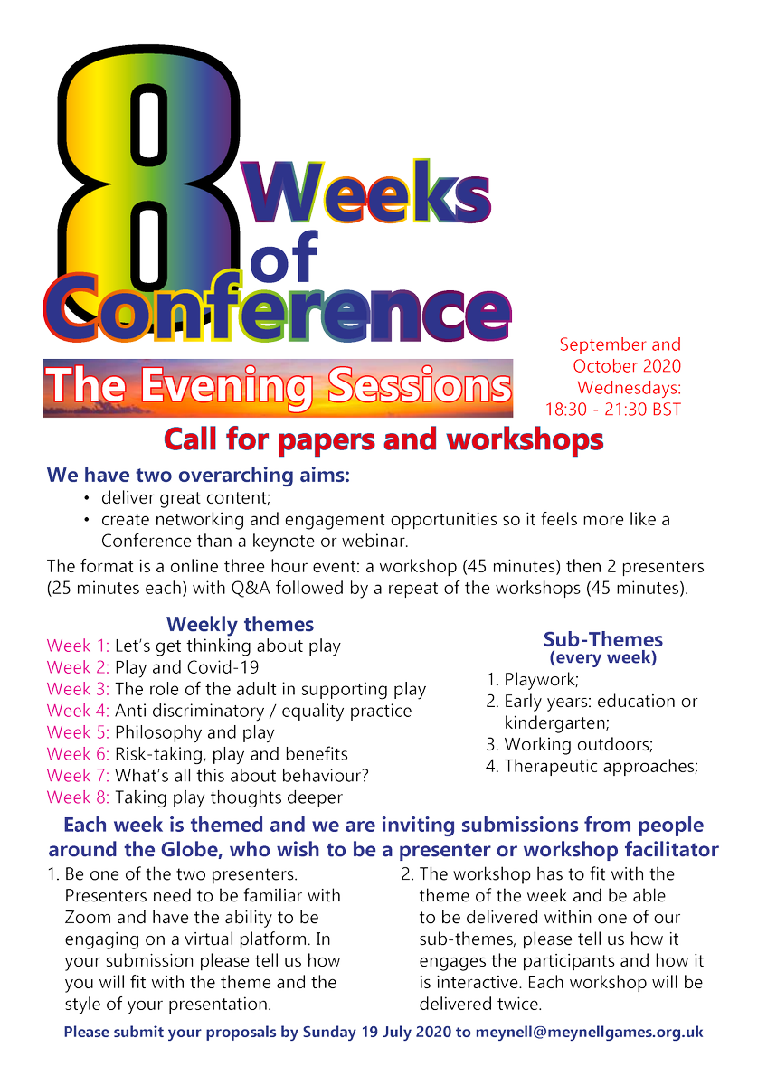 MeynellGames's tweet photo. The current '8 Weeks of Conference' is going so well that we plan to do another in September. We want a diverse range of presenters &amp; facilitators to join us so please share widely with play and playwork professionals, young and old, around the world so we can engage with them https://t.co/R3UUfUDbKc