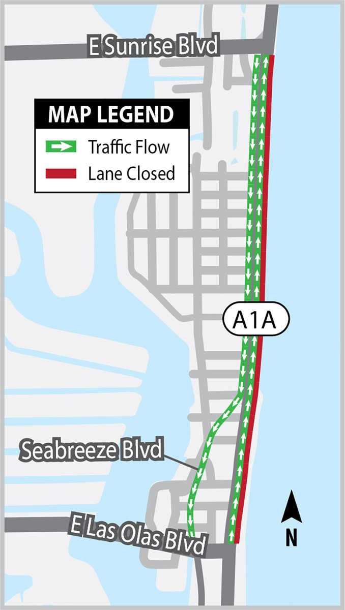 One NB lane of A1A from Las Olas Blvd to Sunrise Blvd will close today at 2 pm &amp; will remain closed through Sunday, 7/5 at 7 pm to facilitate social distancing between pedestrians using the sidewalk in this area. Please be alert, cautious, &amp; courteous.

➡️bit.ly/2Bwq9TW