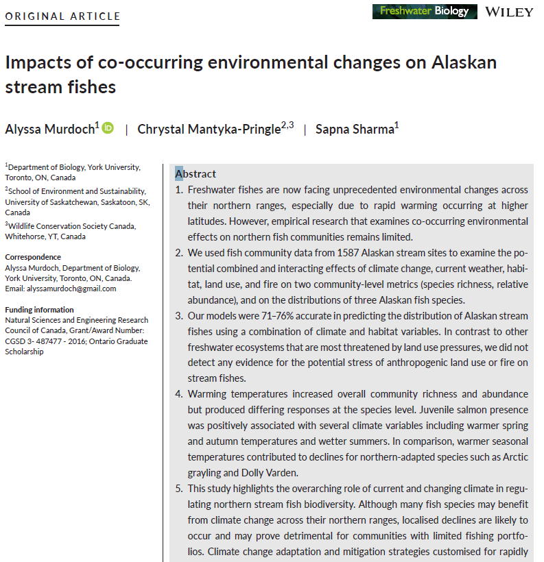 Excited to share our new research from my PhD thesis looking at how co-occurring environmental changes are related to Alaskan stream fishes with  @C_MantykaP  @Sharmalab  https://onlinelibrary.wiley.com/doi/abs/10.1111/fwb.13569 (Thread 1/6)