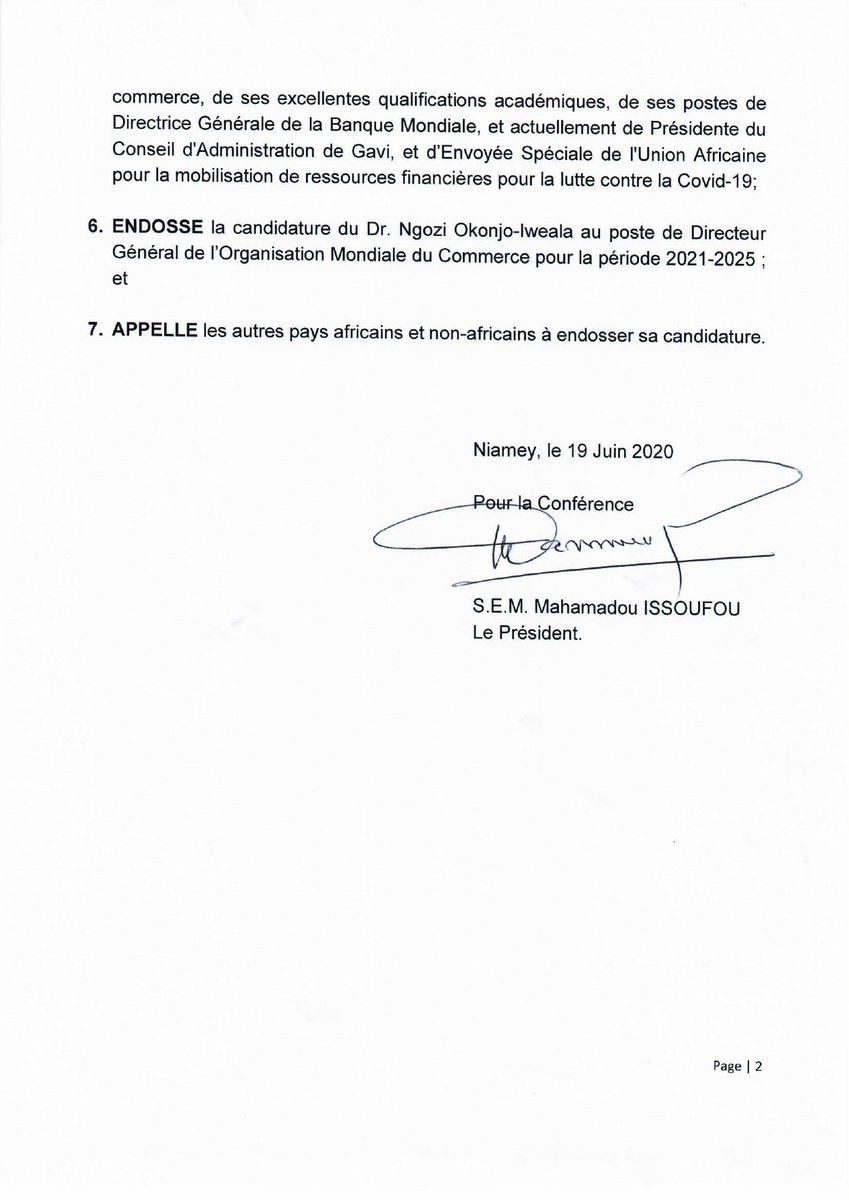 La déclaration de la CEDEAO sur la candidature du Dr Ngozi Okonjo-Iweala au poste de DG de l’Organisation Mondiale du Commerce.
Dr Okonjo-Iweala était à deux reprises Ministre des Finances du Nigeria (2003-2006 et 2011-2015) et aussi Ministre des Affaires Etrangères en 2006.