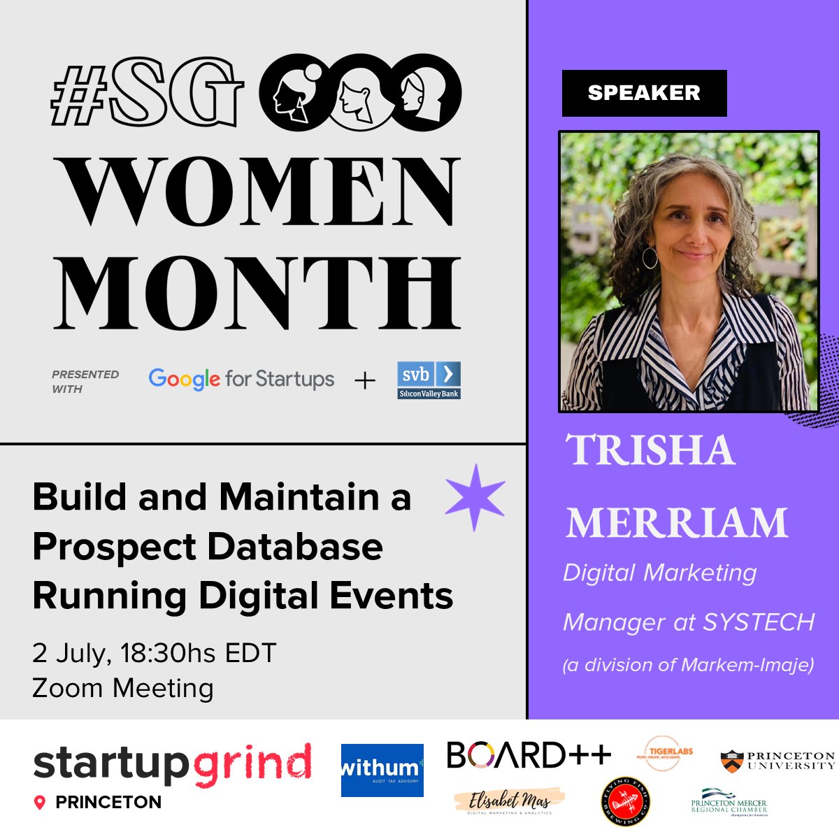 TODAY!!!
Join us today 📅 to learn from Trisha Merriam - Digital Marketing Manager at SYSTECH (a division of Markem-Imaje) - how to build and maintain a prospect database.📈🎯🚀
startupgrind.com/events/details…