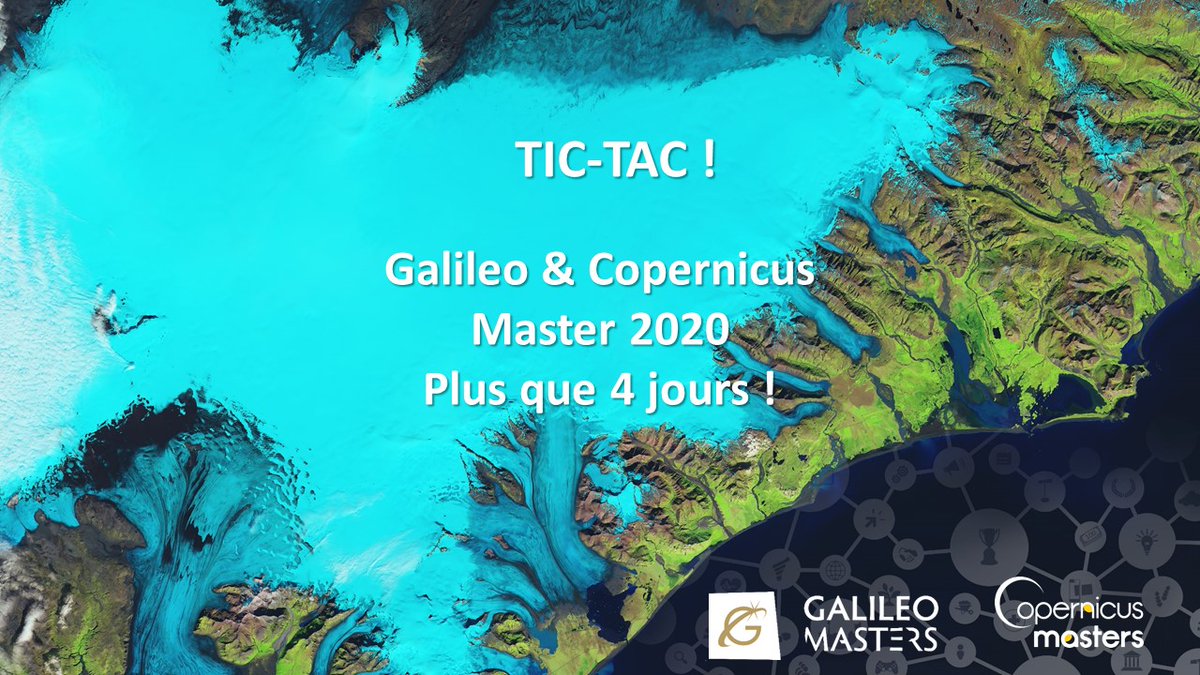 [#events ] 
4 jours de plus pour postuler aux <a href="/GalileoMasters/">GalileoMasters</a> &amp; 
<a href="/CopernicusEMC/">Copernicus Masters</a> 2020🏆

Ne manquez pas votre chance de développer votre #business utilisant les données #Galileo ou #GNSS ! 

👩‍💻Pour revoir les prix et les challenges : bit.ly/2JQEhbd

#Space #Copernicus