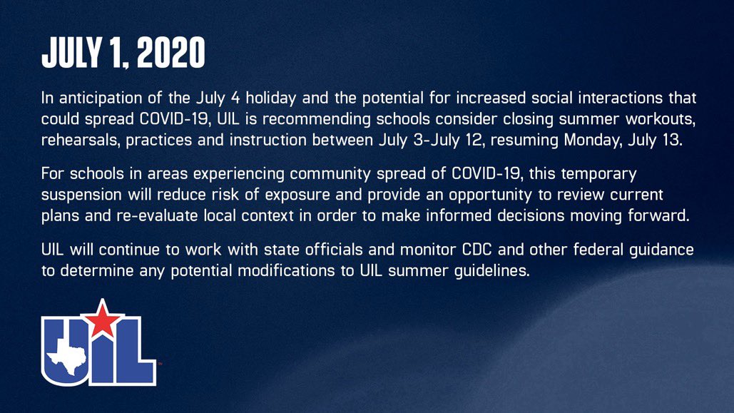 AthleticsLISD's tweet image. Lubbock ISD Athletics will follow the recommendation from the UIL by suspending summer activities from July 3rd thru July 12th.  We will resume summer SAC and SSi on Monday, July 13th.  Our goal remains to begin fall sports on time.  #Aug3rd  #KEEPYOURDISTANCE @LubbockISD