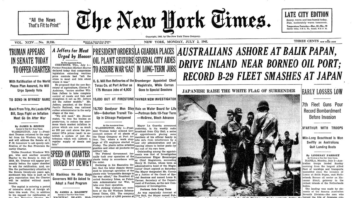July 2, 1945: Australians Ashore at Balik Papan, Drive Inland Near Borneo Oil Port; Record B-29 Fleet Smashes at Japan  https://nyti.ms/2BznsAS 