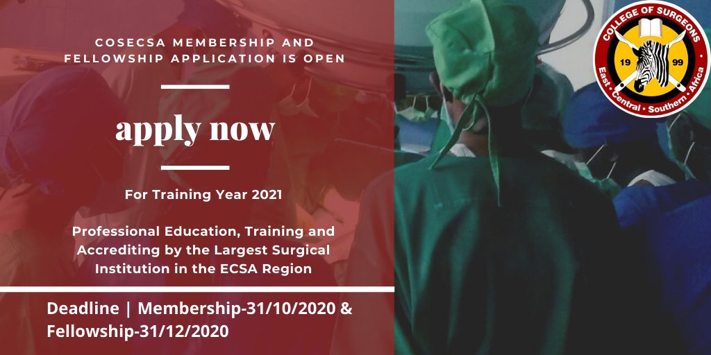 cosecsa's tweet photo. Call for applications from suitably qualified candidates for admission into the COSECSA surgery training program (Membership and Fellowship) for the 2021 training year.

Please find the link below for more details on how to apply

https://t.co/V2tCGMUt7p https://t.co/GEvqbVsy4W