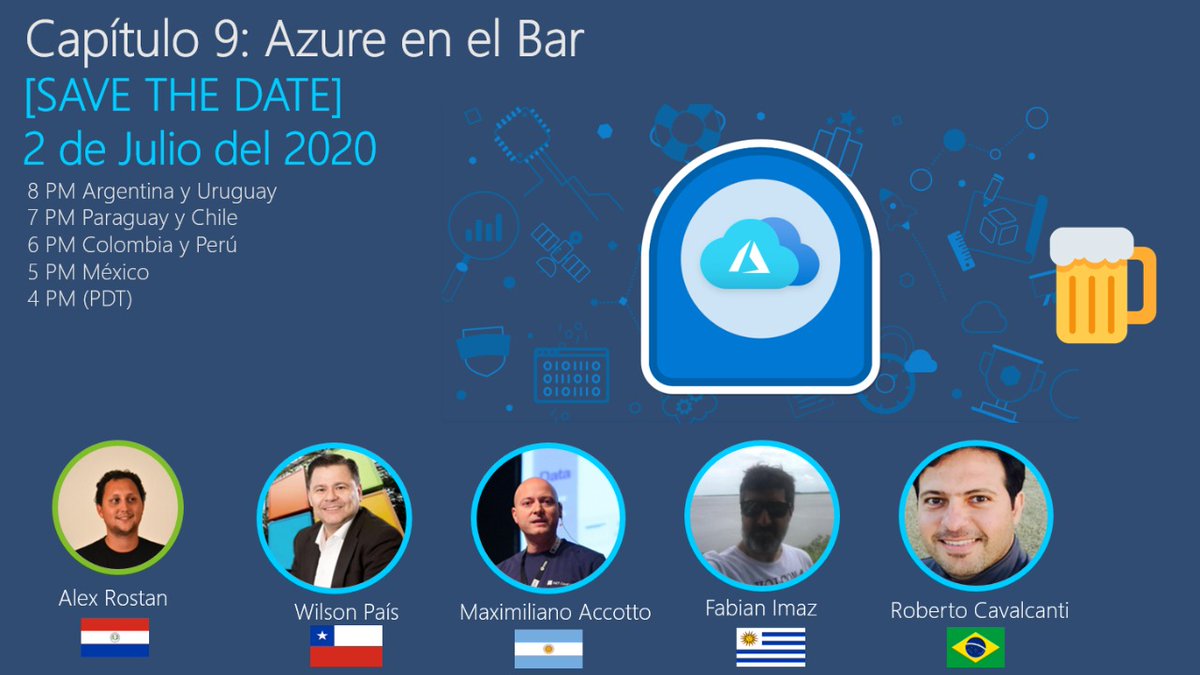 javier_vill's tweet image. Es hoy !!!! Jueves 2 de Julio 20 hs ART &quot;Azure en el bar&quot; con una gran mesa de amigos hablando sobre tecnología. Los esperamos  !! @AzureEnElBar #Azure meetup.com/SQL-Argentina-… @maxiaccotto @FabianImaz @rocavalc Wilson Pais