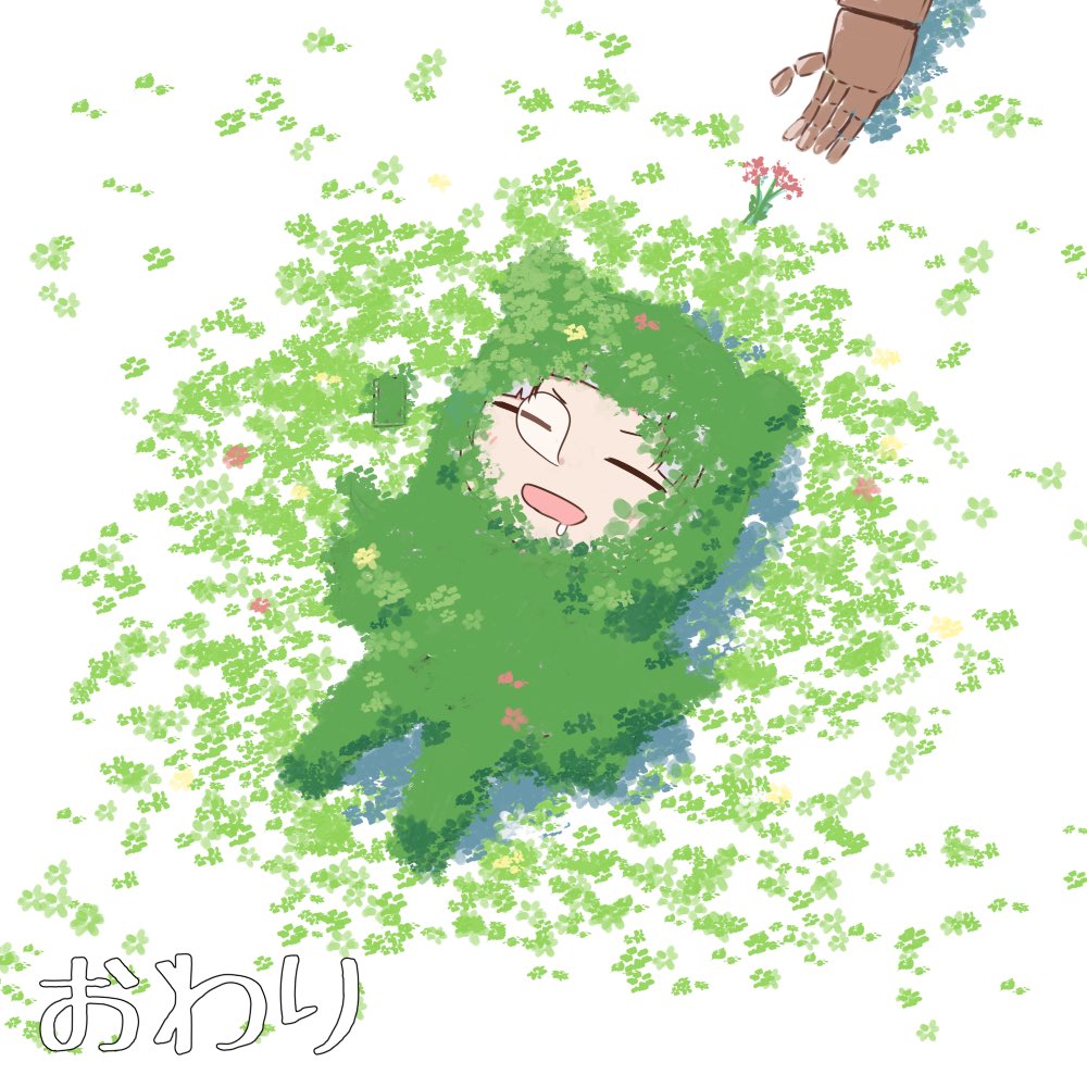 sleeping flower nose bubble 1girl open mouth green hair grass  illustration images