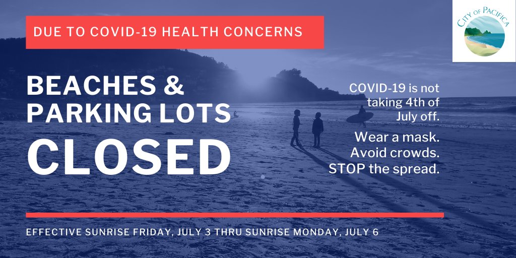Pacifica beaches and beach parking lots will be closed for the holiday weekend. Folks, COVID-19 spread has not slowed in our area. Please celebrate the holiday safely at home. Press Release > bit.ly/2ZtENDr

#SlowtheSpread <a href="/SMCHealth/">San Mateo County Health</a> <a href="/sanmateoco/">County of San Mateo</a> <a href="/PacificaPolice/">Pacifica Police</a> <a href="/NoCoFire/">North County Fire Authority</a>