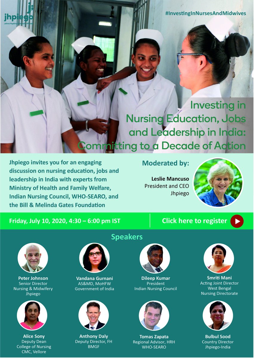 Do join <a href="/Jhpiego/">Jhpiego</a> for a #webinar on investing in #nursing education, jobs &amp; leadership in India: committing to a decade of action: July 10, 4:30-6:00 pm IST. 
Sign-up today! bit.ly/3eRCSz8 
#InvestingInNursesAndMidwives 
<a href="/MoHFW_India/">Ministry of Health</a> <a href="/WHOSEARO/">World Health Organization South-East Asia</a> <a href="/BMGFIndia/">Gates Foundation India</a> <a href="/DrTDileepKumar1/">Dr T Dileep Kumar</a>