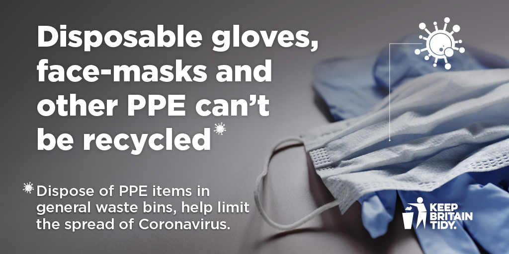 eastdevon's tweet photo. If you are using disposable gloves, face-masks and other PPE products they can't be recycled and they need to be securely discarded of and should be bagged separately and disposed of in general waste
#KeepEastDevonTidy #EDDCstreetsceneops https://t.co/UtAZAQfEBQ