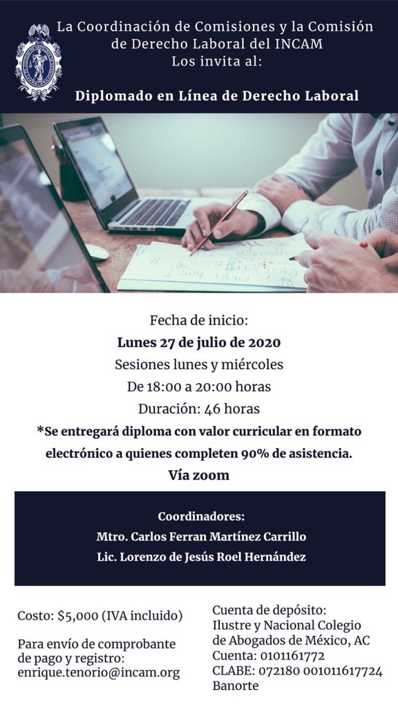 carlosferran's tweet photo. Con mucha emoción les comparto que el 27 de julio arrancamos con el Primer Diplomado Virtual de Derecho Laboral del @INCAM_Abogados. 

Un proyecto muy ambicioso que tengo el honor de coordinar junto con mi querido amigo @LorenzoRoel1. 

¡L@s esperamos! https://t.co/FttIp0P3zo