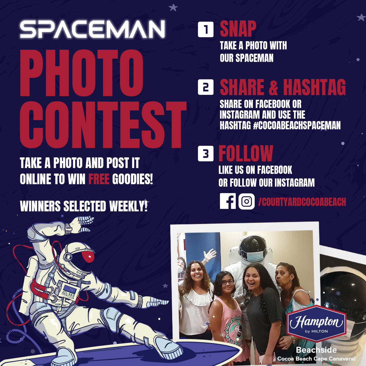 hamptoninncb's tweet image. We love seeing your happy faces! Snap a selfie with our spaceman while you’re here, like us on Facebook, or follow us on Instagram, and use hashtag #CocoaBeachSpaceman for your chance to win some goodies! A winner is selected every week! #cocoabeach