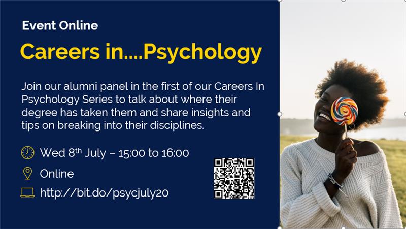 Coming soon- Careers in psychology event 8th July for all ARU staff, students and Alumni- taking place 15:00-16:00. Booking link is: bit.do/psycjuly20