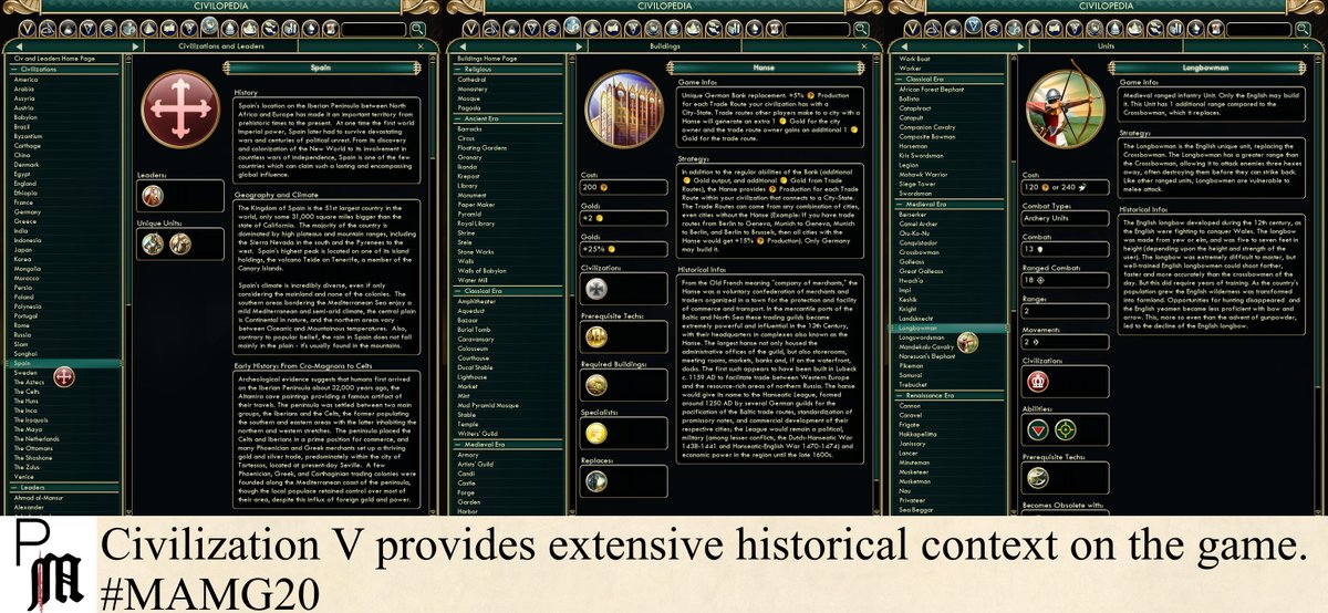 8  #MAMG20 While it is easy to criticise games for being abstract to the point of absurdity and blatant inaccuracy (looking at you EE) more recent games try to show periods agreeably and attempt to explain the history behind their decisions by ingame encyclopaedias (MED2/CIV/AOE).
