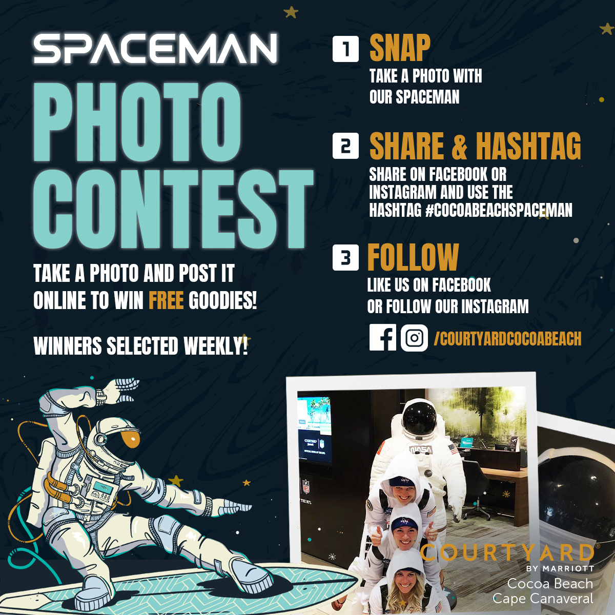 CourtyardCB's tweet image. We love seeing your happy faces! Snap a selfie with our spaceman while you’re here, like us on Facebook, or follow us on Instagram, and use hashtag #CocoaBeachSpaceman for your chance to win some goodies! A winner is selected every week! #cocoabeach