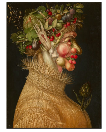 Italian painter, Giuseppe Arcimboldo's "Summer" (1563). A European woman made of "New world" fruits & vegetables. Notice the "ear of corn." Imagine the 16th century Manifest Destiny. "Ears of maize" in Italian summers while the people of corn die of European disease (cocoliztli).