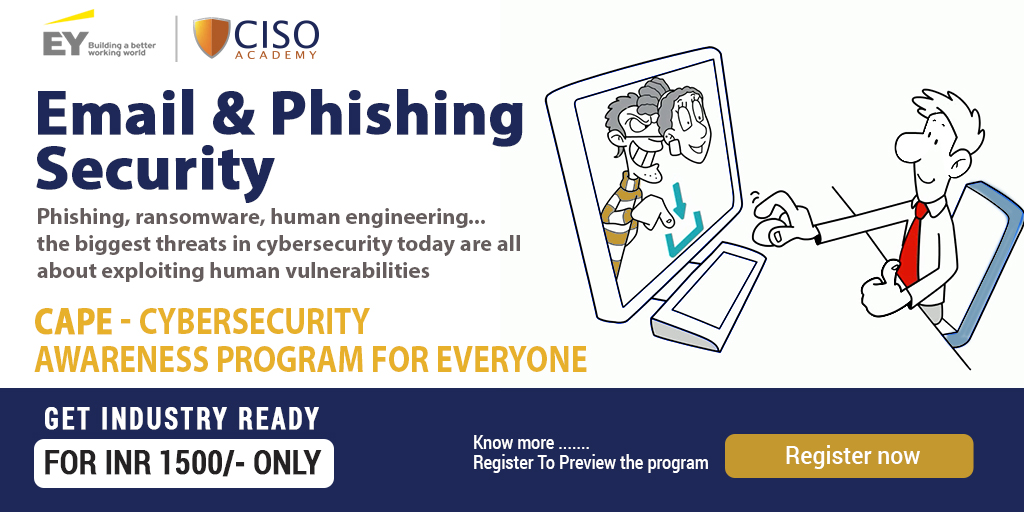 cisoacademy's tweet photo. Transform Your Employees From One of Your Biggest Vulnerabilities to Your First Line of Defense  

CISO Academy and Ernst &amp; Young jointly offer a comprehensive Cybersecurity Awareness Program - CAPE
Register Today

Become a Cybersecurity Champion -
https://t.co/PB2b0ZbkAk https://t.co/OJj88pdXS6