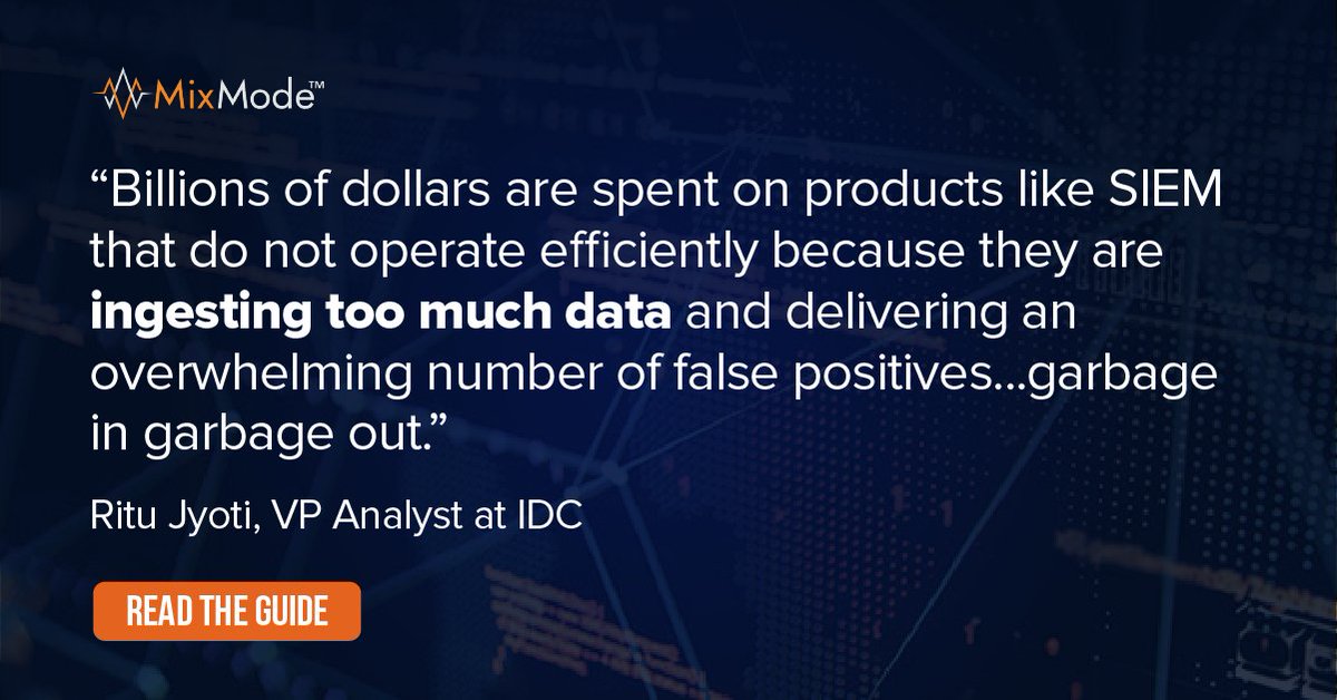 MixModeAI's tweet photo. SIEMS are overstuffed with useless data. The more data you have, the worse the #SIEM performs and the more you pay in tools, dashboards and technical personnel. It's time to rethink your #SOC. Get our guide: https://t.co/XhwuVm8vE2…

#networksecurity #netsec #cybersecurity https://t.co/9aySa2bB1J
