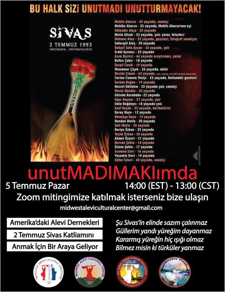 Alevi-Bektasi-Kizilbas toplumu olarak varligimizi koruyor; sinirsiz bir ofkeyle, kolektif hafizalarimizi diri tutmaya devam ediyoruz. Sorumlulari ve katilleri taniyoruz! Canlarimiza, sazimiza, sozumuze reva gorulenleri unutmadik, unutmayacagiz! #unutMADIMAKlımda