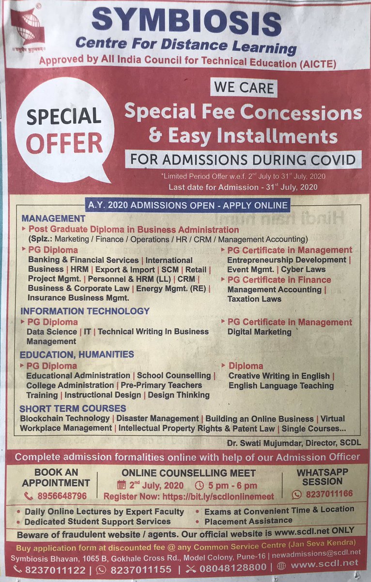 Symbiosis announces admission to various courses approved by AICTE. Contact nearest <a href="/CSCegov_/">CSCeGov</a> and <a href="/academy_csc/">CSC Academy</a> centre for application forms at discounted fee. <a href="/Piyush40160833/">Piyush Gupta Om</a> <a href="/TriptiJ12/">Tripti Jain</a>