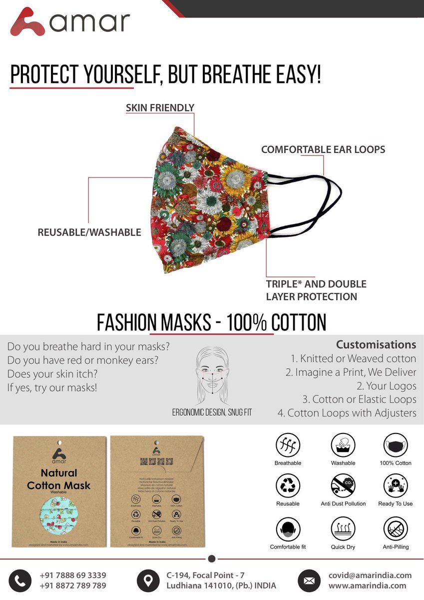 AmarWheelsIndia's tweet photo. Do you breathe hard in your masks? Do you have red or monkey ears? Does your skin itch? 

If YES, then try our fashion masks. 

100% cotton, eco-friendly packing, many designs, fully customisable. https://t.co/M77AtmsCxq