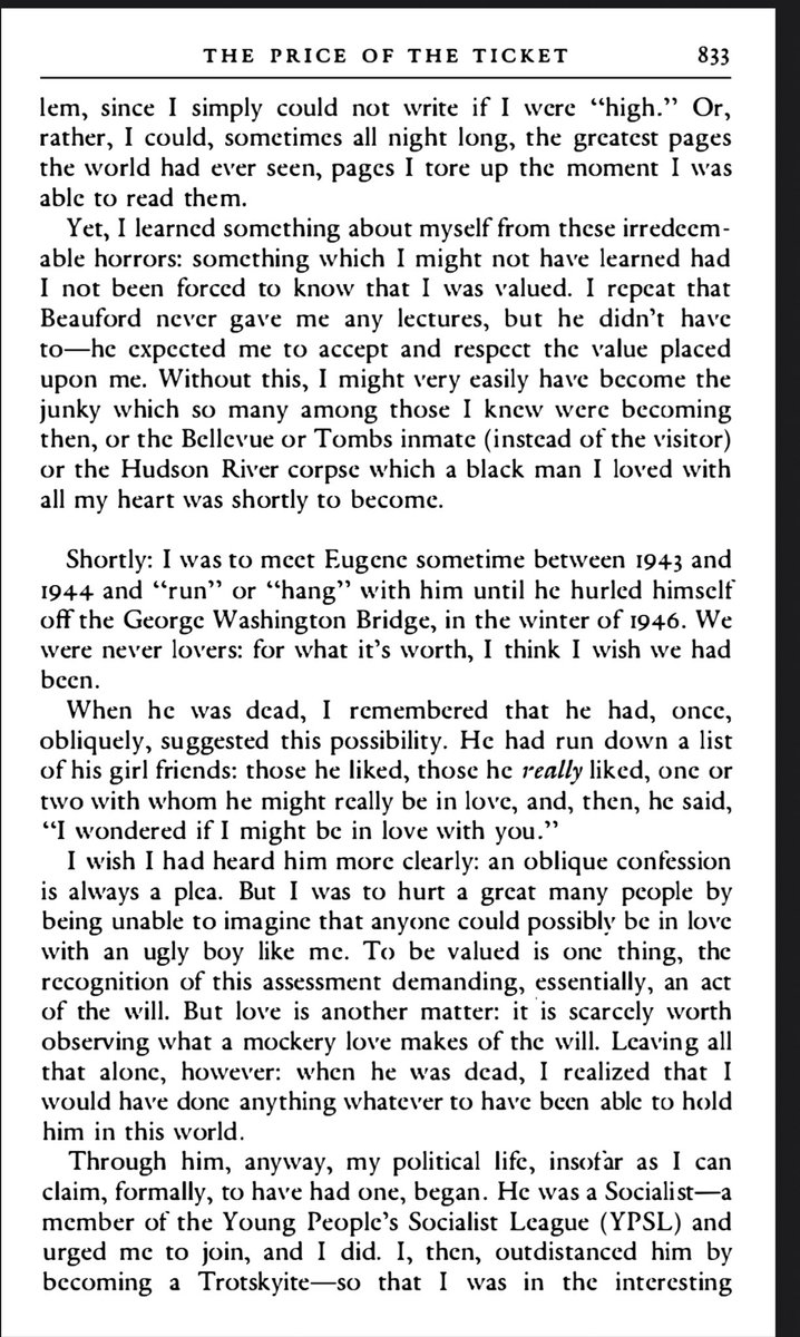 here is Baldwin (‘85) talking about a Black man he loved who died by su*cide in winter 1946. its easy to disconnect that from Baldwin’s own attempts in the landmark years of ‘55 and ‘69 when you are more interested in making Baldwin appear as a race man and less as a queer man.