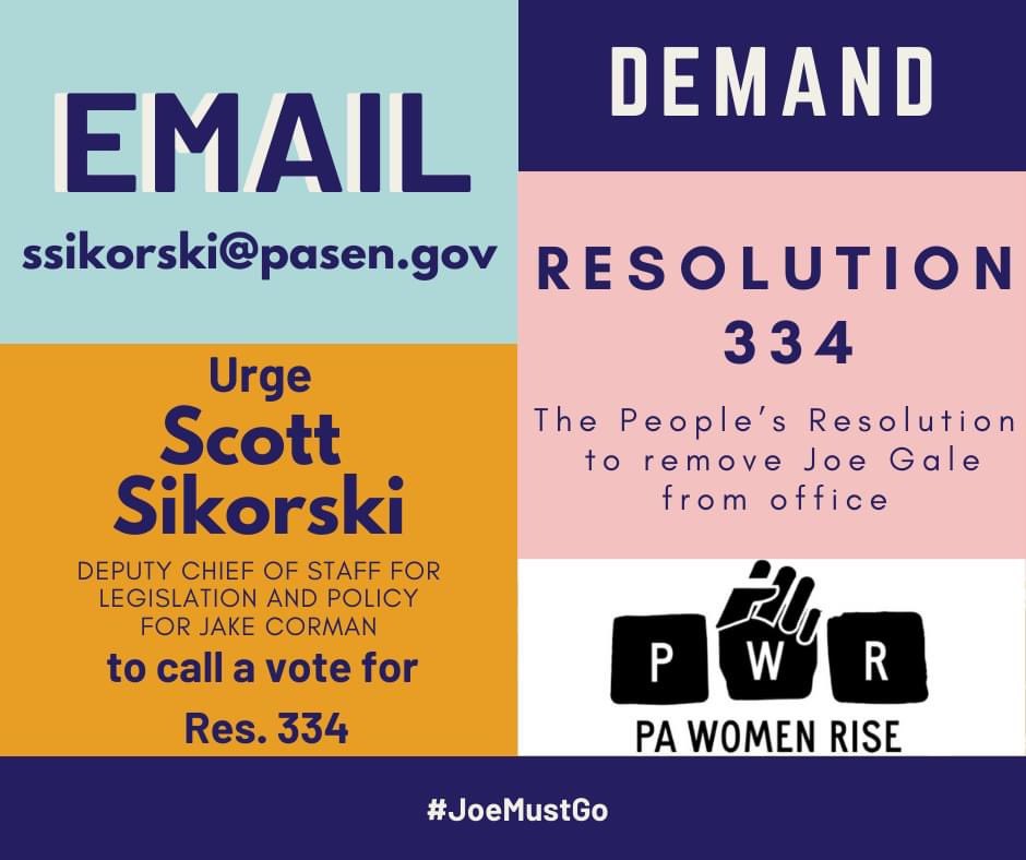 PaWomenRise's tweet photo. Email Corman's Chief of Staff to DEMAND he call a vote before the summer. This is the fastest way to begin removing Gale. #galemustgo #Resolution334 #joemustgo https://t.co/jdr4ypkUKU