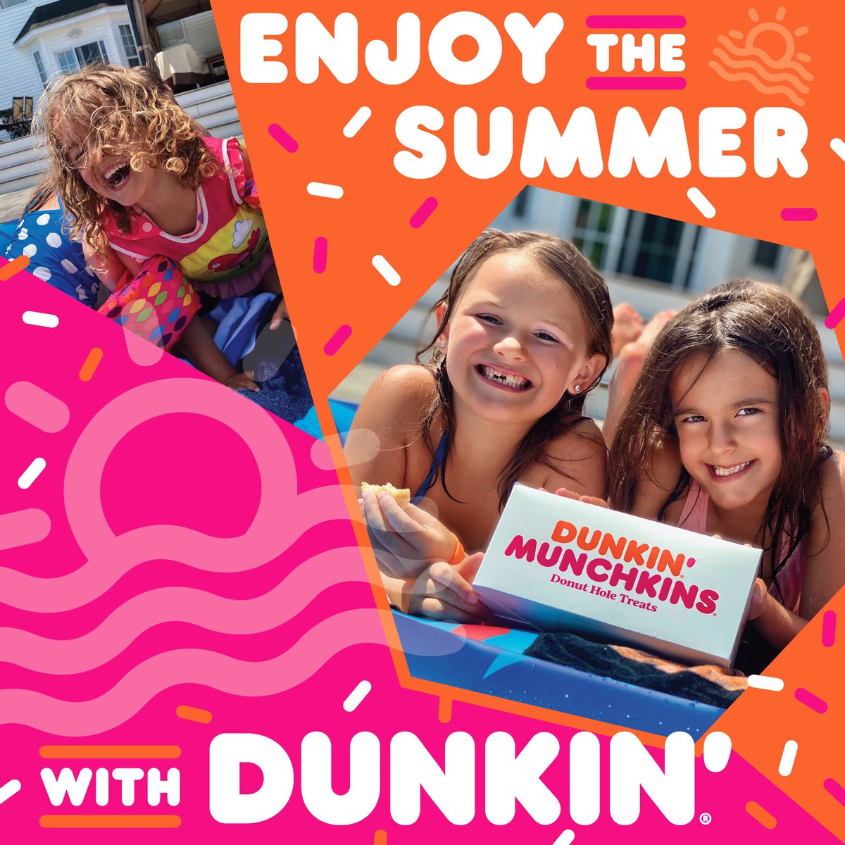 alliekosek's tweet photo. Hey @dunkindonuts I got a summer adversitment for you, “there may be a pandemic but these Munchkins still run on Dunkin” 📸: @katiegeoo https://t.co/jL5Zktj06k