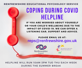 RenfrewshireEPS's tweet photo. Over the summer break, we are accepting referrals to our Coping During Covid Helpline directly from parents and carers. If you are worried about your own or your child's wellbeing due to the impact of COVID-19, please get in touch. All details in the image below. https://t.co/RSi4H5CMGM