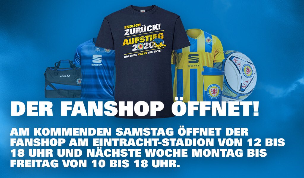 EintrachtBSNews's tweet photo. Der Fanshop am #EINTRACHT-STADION öffnet zur Feier des Aufstiegs in die 2. Bundesliga! Sichert Euch das Aufstiegs-Shirt oder andere #blaugelbe Fanartikel am kommenden Samstag und in der nächsten Woche.

#wirsindeintracht 
#amendekacktdieente https://t.co/JwcsHQjr09