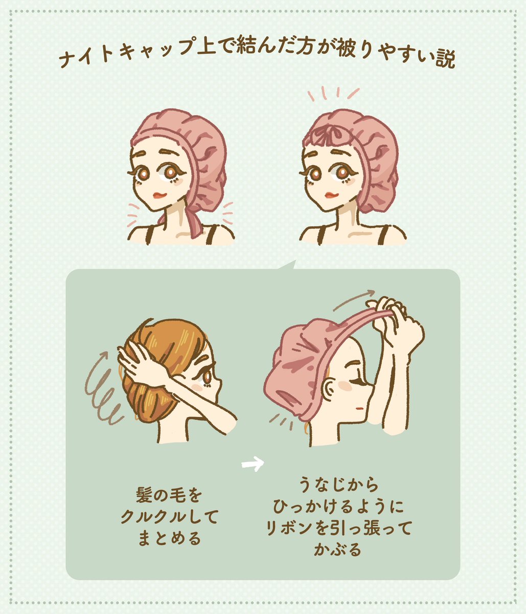 おかゆ リボンで締めるタイプのナイトキャップ 公式の使い方では後頭部下で結んでるけど 頭の上で結んだ方が髪の毛おさめやすかった のメモ書き