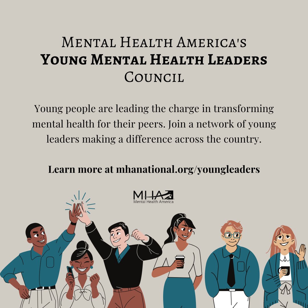 MentalHealthAm's tweet photo. MHA’s new Young Mental Health Leaders Council is looking for young adults transforming the #mentalhealth of their communities! Learn more about this opportunity for leadership, mentorship, and community at https://t.co/baalpVvb8Q. https://t.co/TvfGZRrxFM