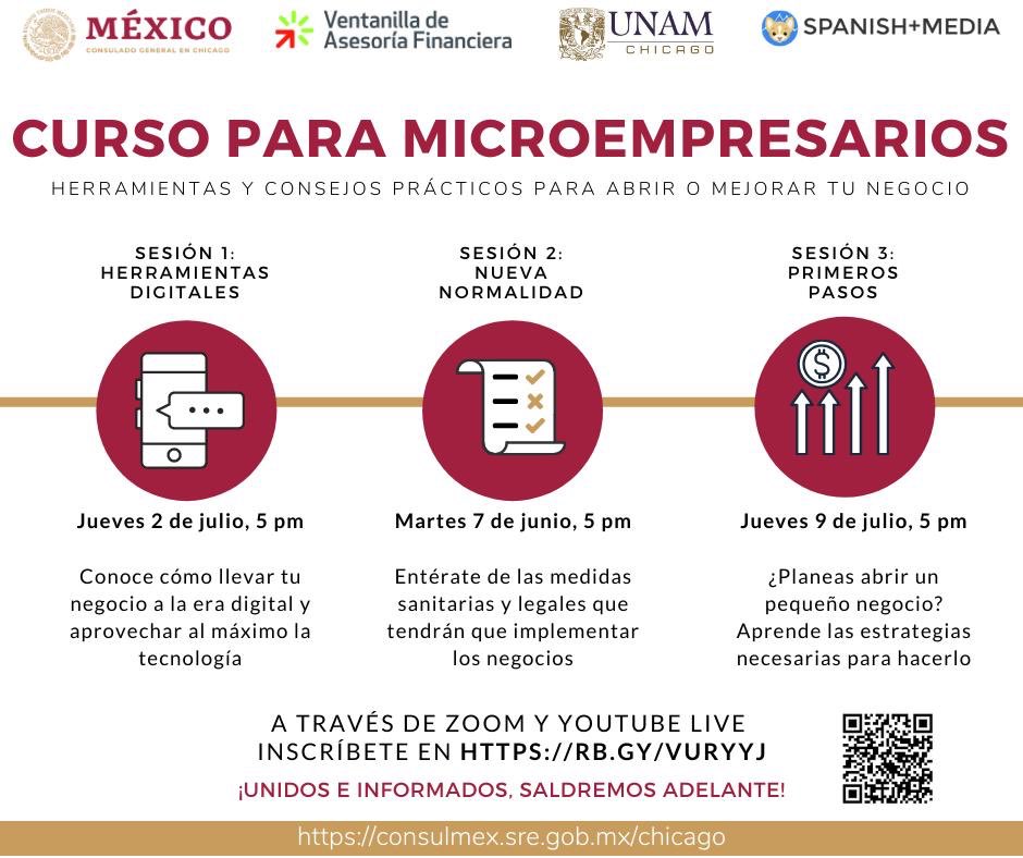 <a href="/ConsulMexCho/">Consulado General de México en Chicago</a> está organizando un curso de 3 partes para microempresarios a través de zoom. Carlos M Salinas, CEO de <a href="/SpanishMedia/">Spanish+Media</a> presentará hoy, 2 de julio a las 5PM, sobre herramientas digitales. Para registrarse: zoom.us/webinar/regist…