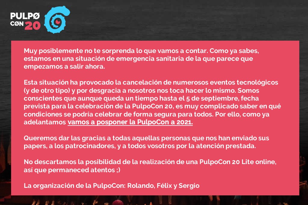 phpulpocon's tweet image. Sabemos que no habéis tenido noticias nuestras hasta ahora y las que ofrecemos no son las mejores. Pero lo importante es que todos estemos sanos y seguros.