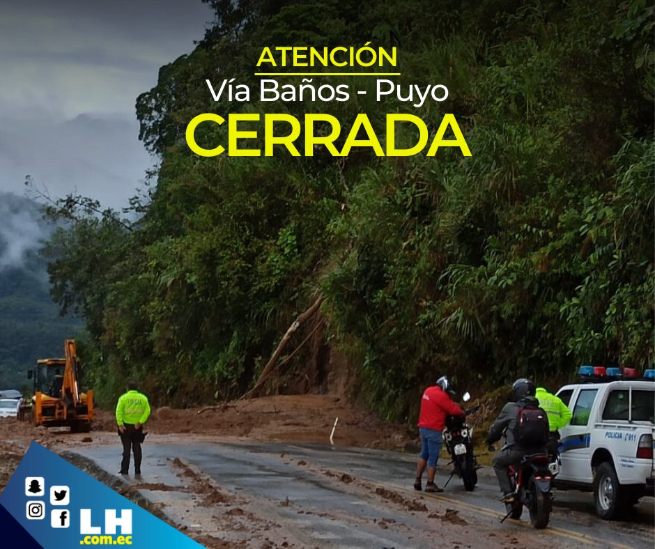 horatungurahua's tweet photo. La vía #Baños - #Puyo está cerrada a la altura del sector #ElKilo. La lluvia que cayó la madrugada de hoy, jueves 2 de julio, provocó que sobre la carretera cayera una gran cantidad de material pétreo. Al momento, maquinaria del MTOP trabaja en la zona para despejar la vía. https://t.co/CCt0UQICvY