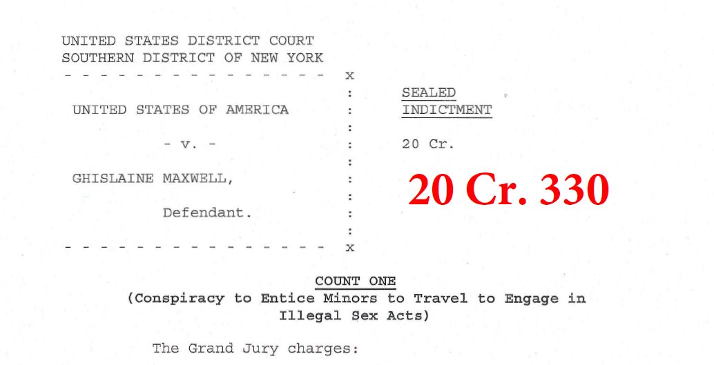 The Ghislaine Maxwell indictment - charges include:1) Conspiracy to entice minors to engage in illegal sex acts2) Conspiracy to transport minors to engage in illegal sex acts3) Transportation of a minor to engage in illegal sex acts4) Perjury