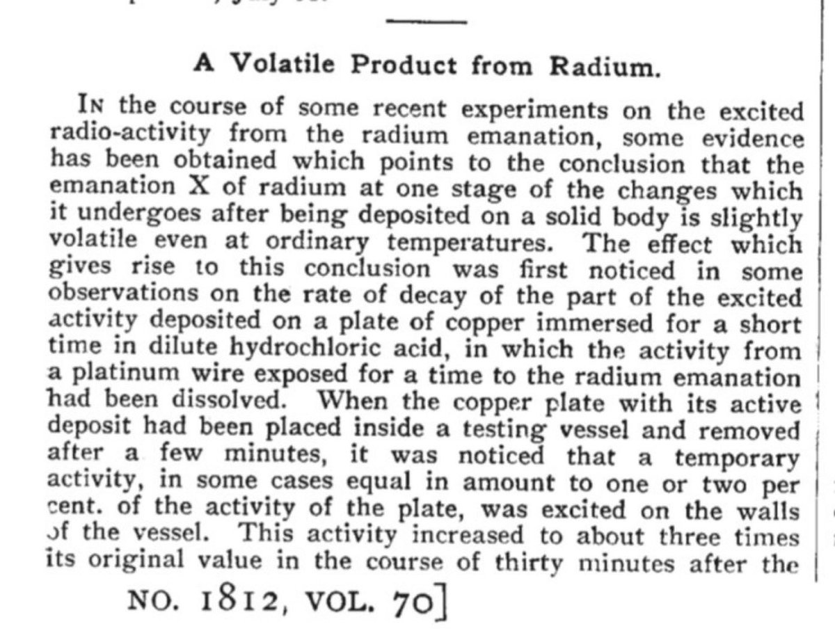 In July of 1904, Harriet Brooks sent a letter to  @nature that noted an usual volatile behavior in active radium samples removed from their emanation. https://www.nature.com/articles/070270b0