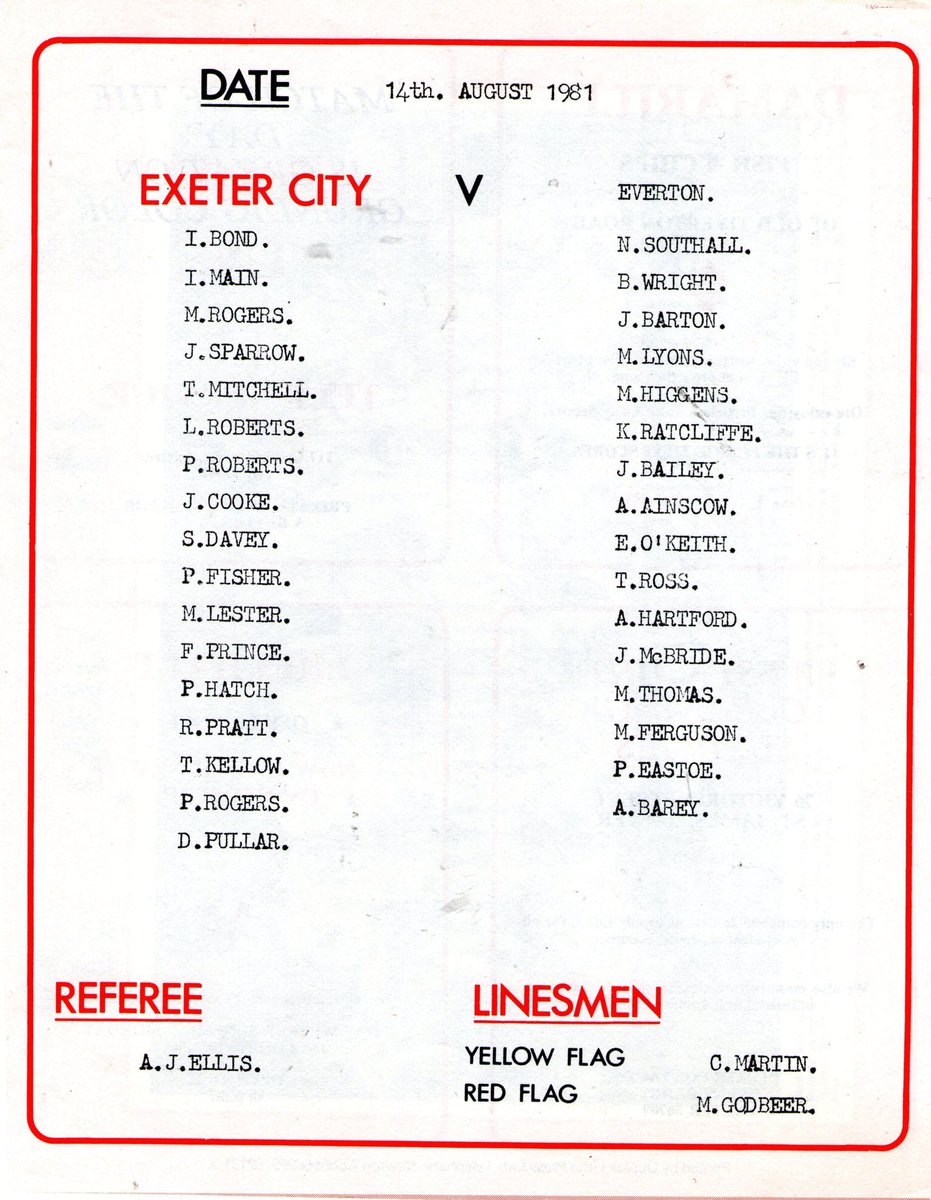 #12 Exeter City 0-0 EFC - Aug 14, 1981. EFC concluded their pre-season tour of the south west with an uneventful 0-0 draw. Here’s a copy of the teamsheet from that day. 5 of Kendall’s summer signings feature: Southall, Ferguson, Thomas, Ainscow & Alan Biley- misspelt as ‘Barey’.