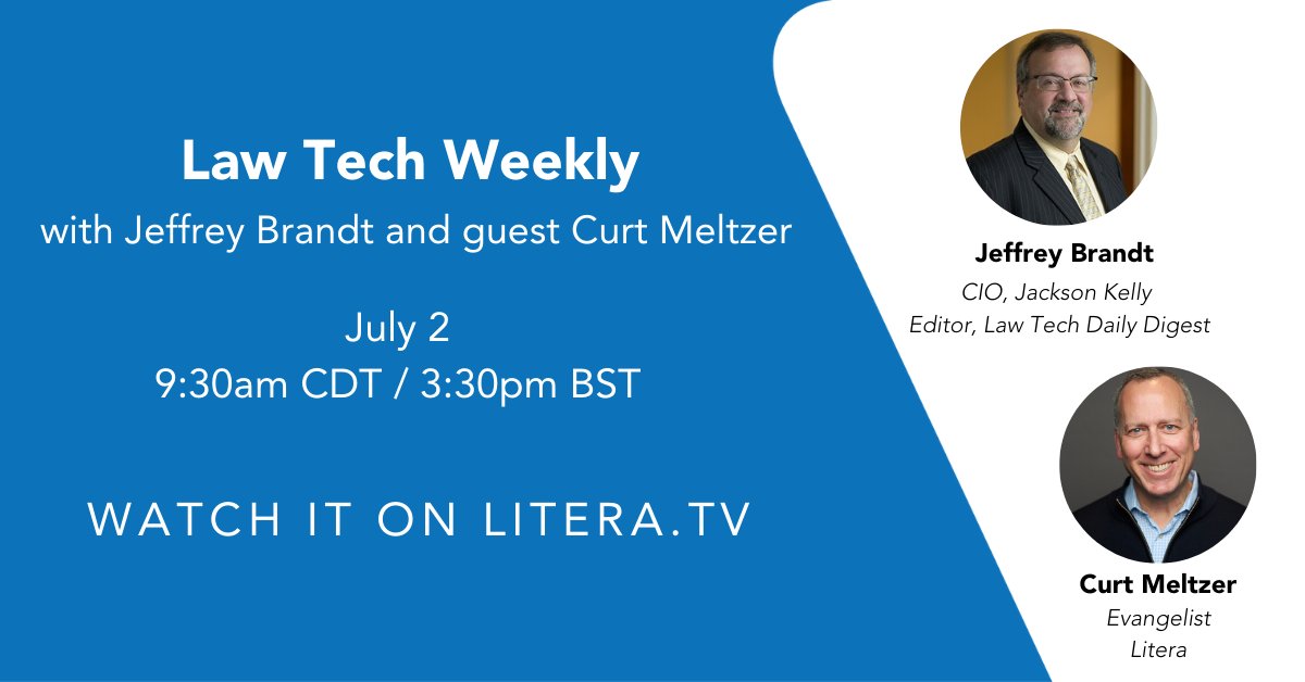 Today on #LiteraTV: <a href="/jeffrey_brandt/">Jeffrey Brandt</a> debuts his Law Tech Weekly series with <a href="/cmeltzer/">Curt Meltzer</a>, learn how Litera Transact is transaction agnostic, we get real about #remotework with  Keesal Propulsion Labs CEO Rudy DeFelice, and more! >> Litera.tv, 9:30am CT. #legaltech
