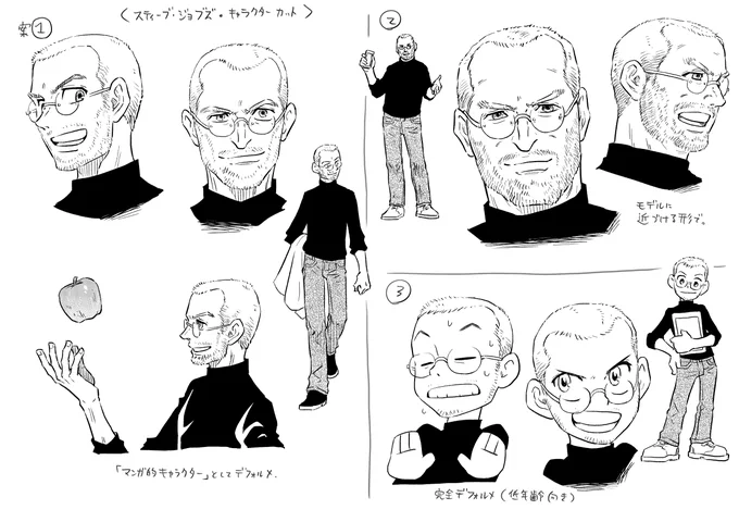 何事にもプロトタイプってもんがありまして。

集英社 学習漫画 世界の伝記NEXT「スティーブ・ジョブズ」初期キャラ案+決定後の年代別描き分け案。

気持ち"悪人顔"デザインでしたが、ちょっと怖い印象になったため本番ではマイルドにおさえてみました(笑 