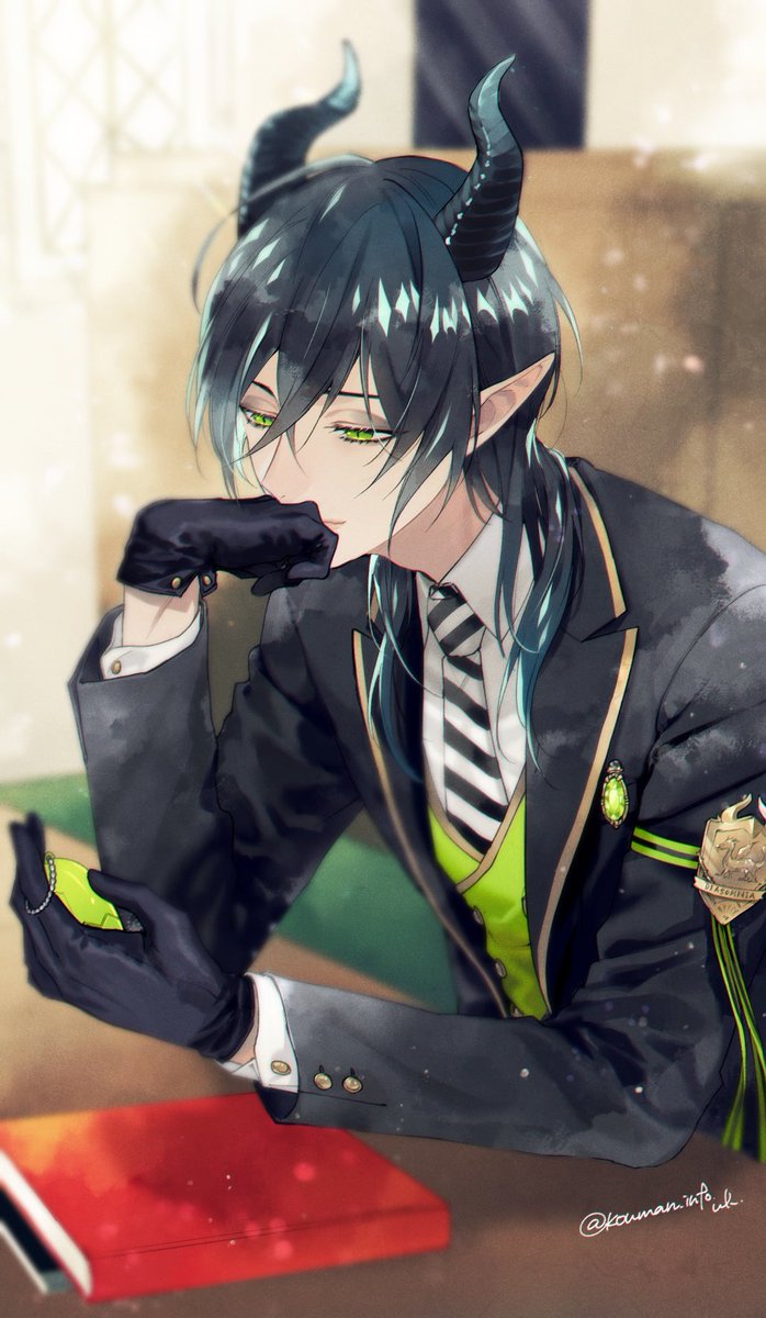 1boy horns male focus pointy ears gloves green eyes necktie  illustration images