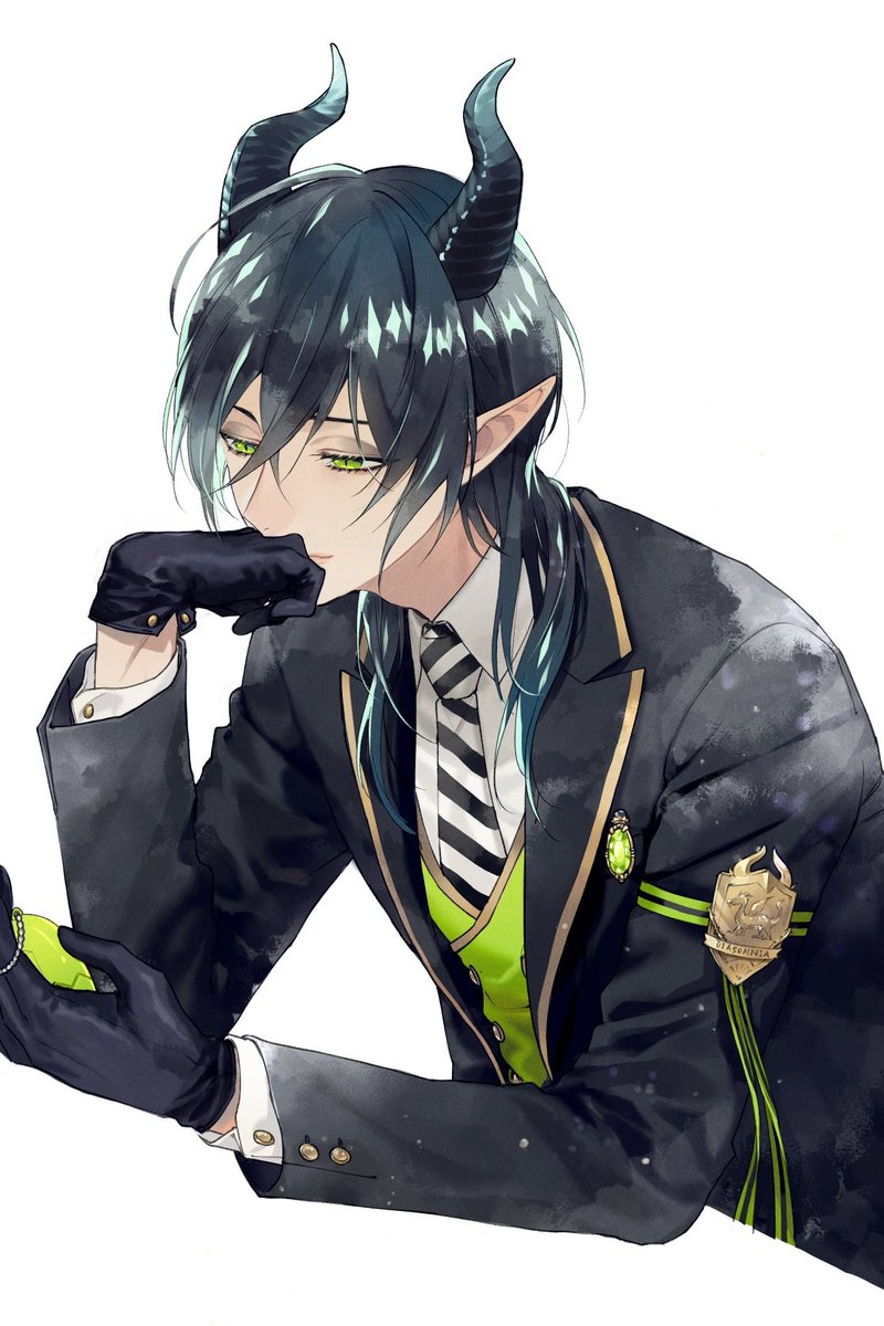 1boy horns male focus pointy ears gloves green eyes necktie  illustration images